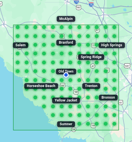 Service area map for All About Air and Heat Refrigeration LLC in Old Town, FL — HVAC and commercial refrigeration coverage within about 60 miles